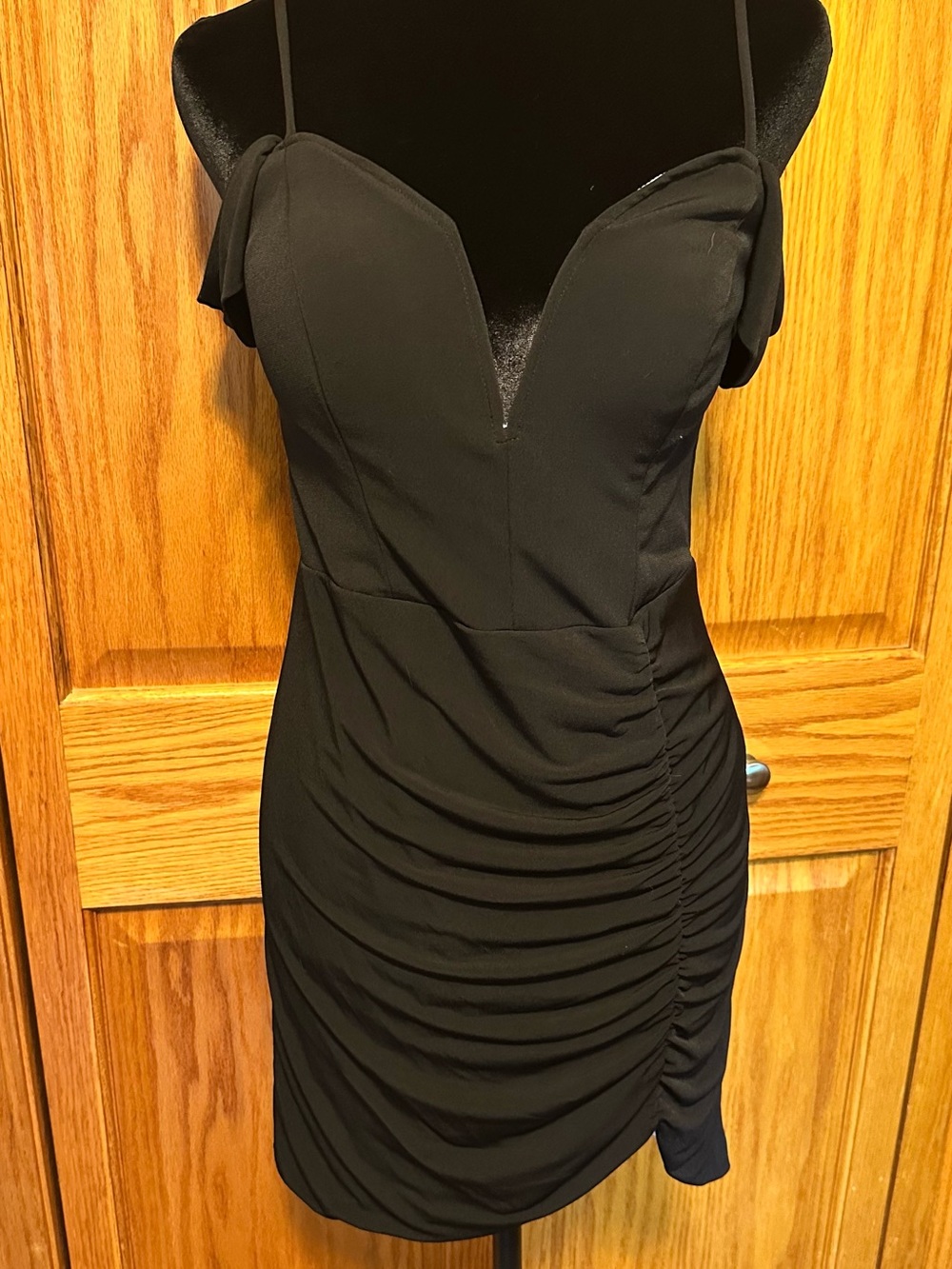City Triangles Black Dress L Ruched Bodycon Plunge Mesh Cocktail Party